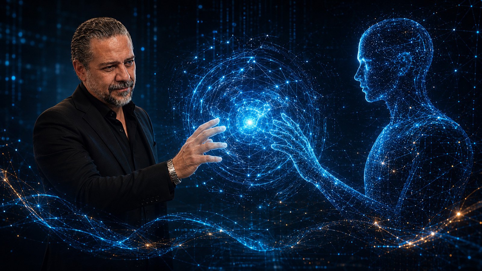 Javier Espinosa Pineda shaping a glowing AI knowledge interface
