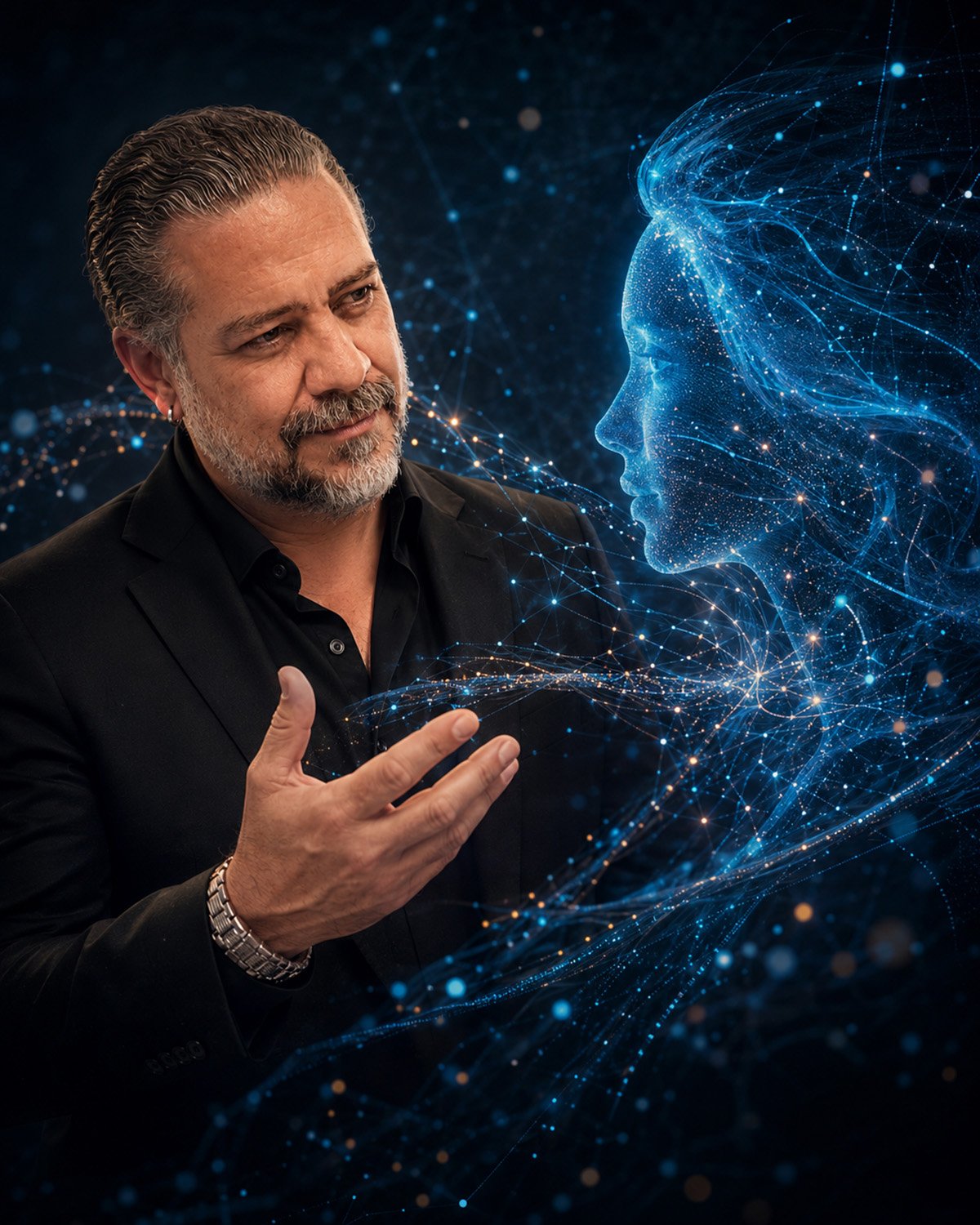 Javier Espinosa Pineda connecting with a blue digital artificial intelligence figure